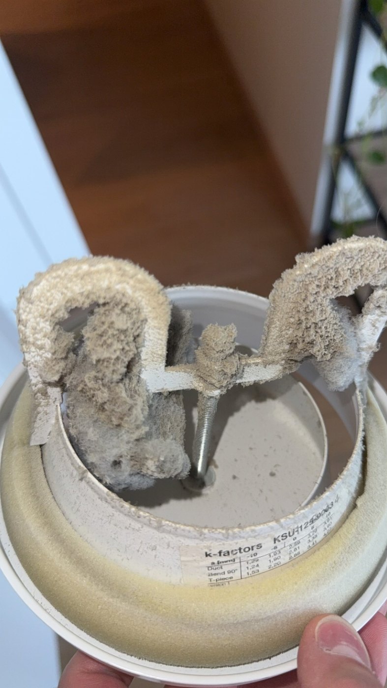 Ventilasjonsventil dekket av tykke lag støv, tatt ut av en vanlig bolig